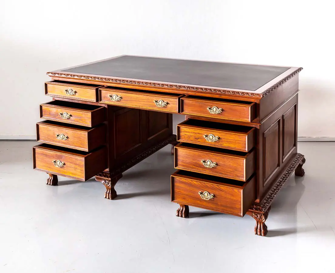 British Colonial Teakwood Pedestal Desk - The Past Perfect Collection - Singapore