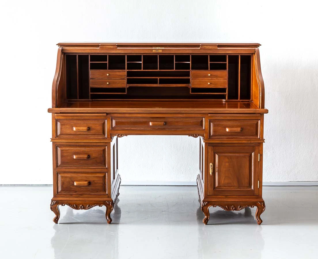 Antique Desks - British Colonial Teakwood Pedestal Roll Top Desk - The Past Perfect Collection - Singapore