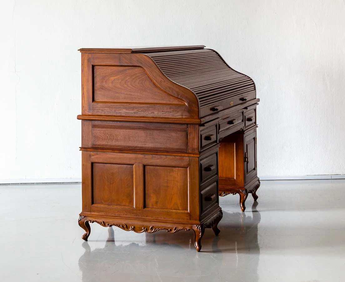 Antique Desks - British Colonial Teakwood Pedestal Roll Top Desk - The Past Perfect Collection - Singapore