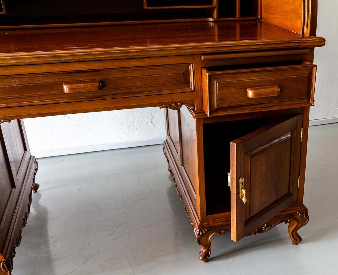 Antique Desks - British Colonial Teakwood Pedestal Roll Top Desk - The Past Perfect Collection - Singapore