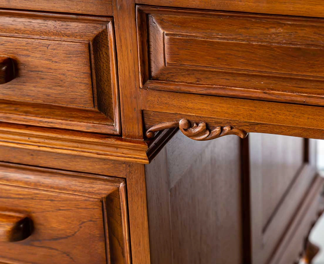 Antique Desks - British Colonial Teakwood Pedestal Roll Top Desk - The Past Perfect Collection - Singapore