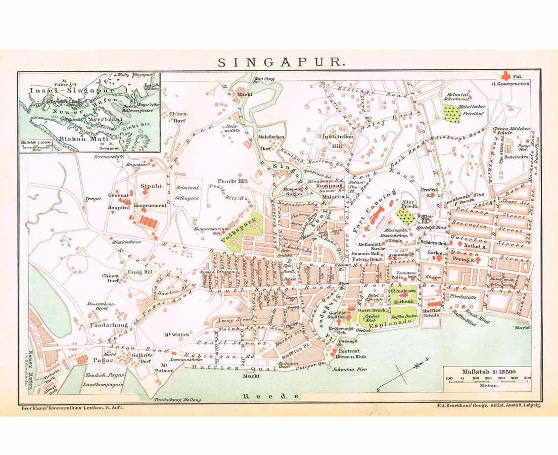 MAP-001 1L Singapur Cityplan - Brockhaus 1895 l The Past Perfect Collection l Singapore