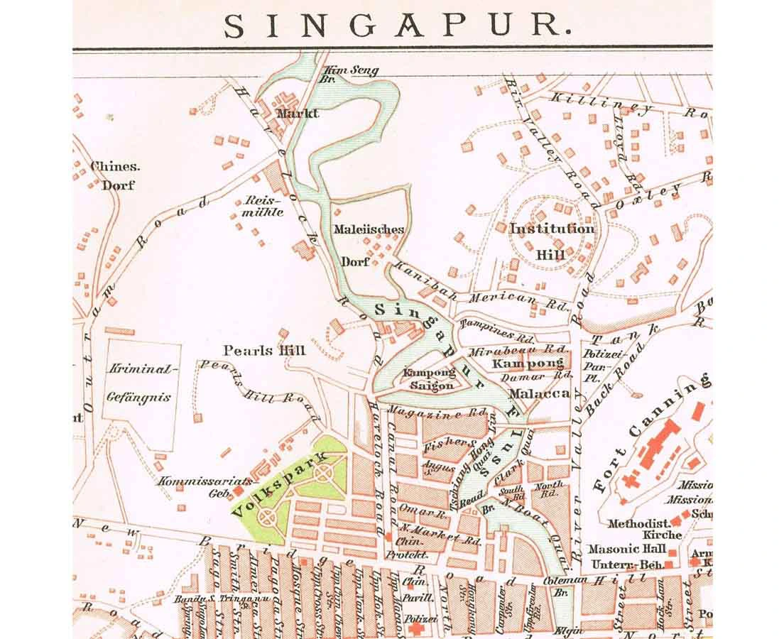 MAP-001 3L Singapur Cityplan - Brockhaus 1895 l The Past Perfect Collection l Singapore