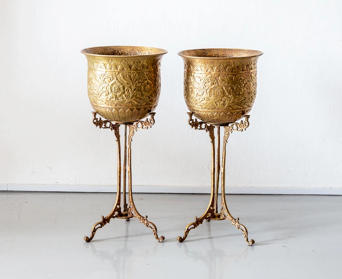 Pair of Embossed Brass Planters on stand - the Past Perfect Collection - Singapore