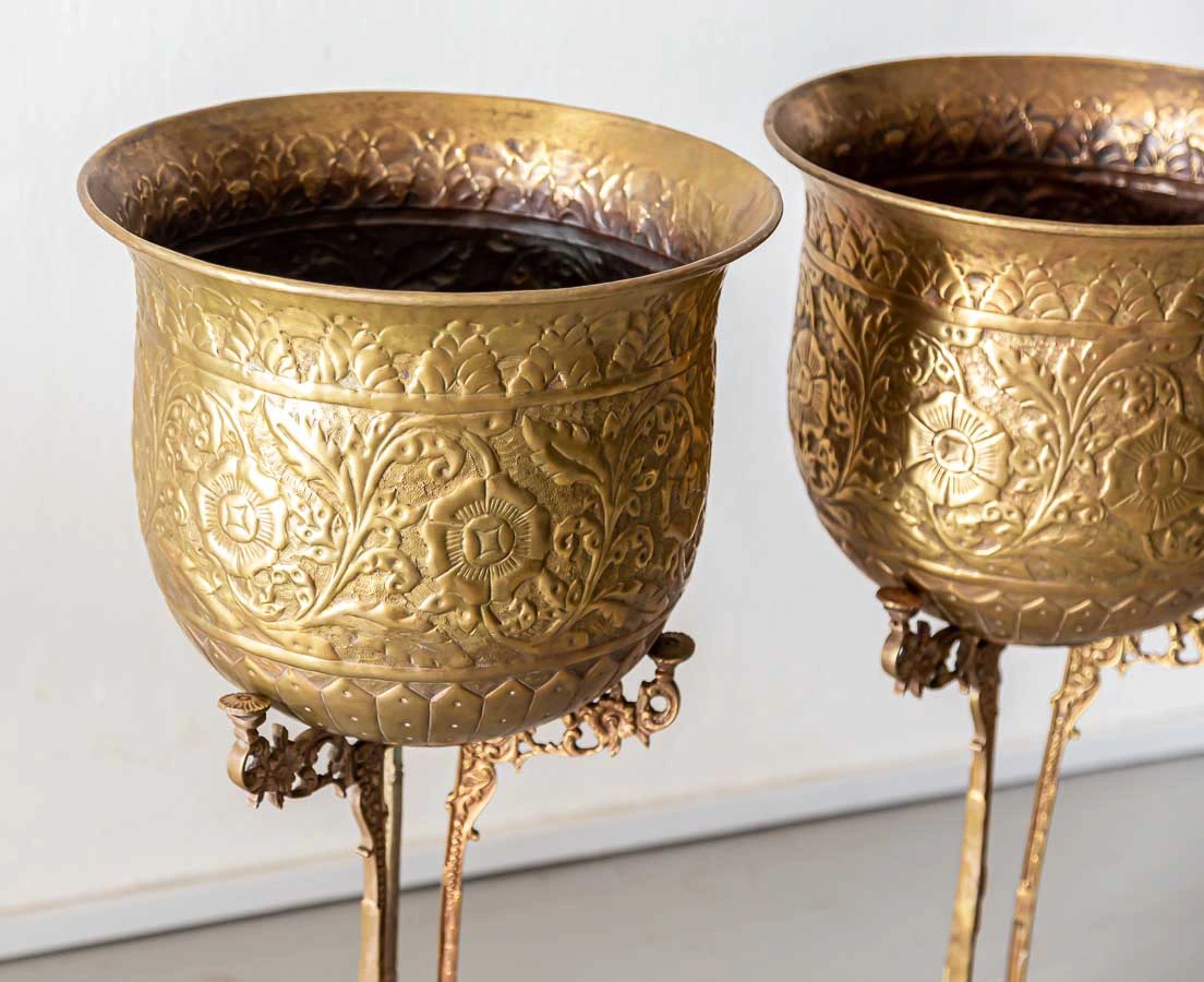 Pair of Embossed Brass Planters on stand - the Past Perfect Collection - Singapore