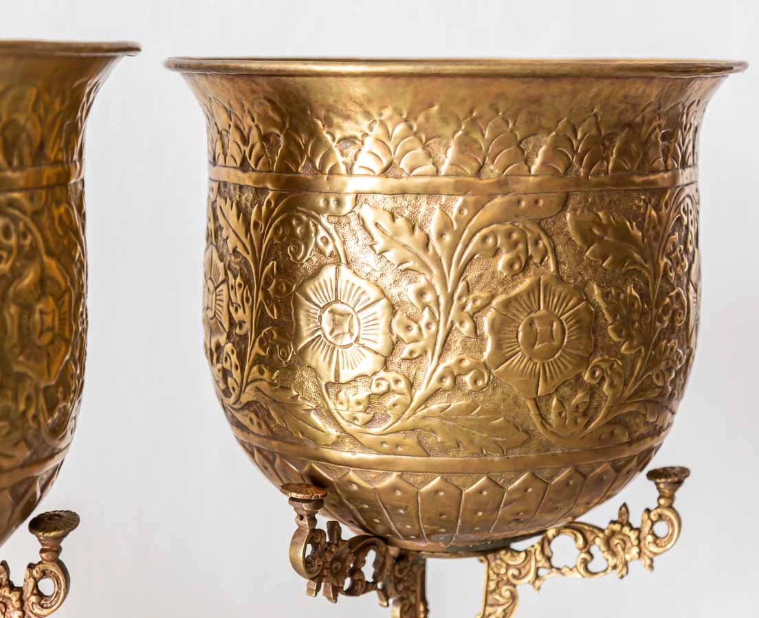 Pair of Embossed Brass Planters on stand - the Past Perfect Collection - Singapore