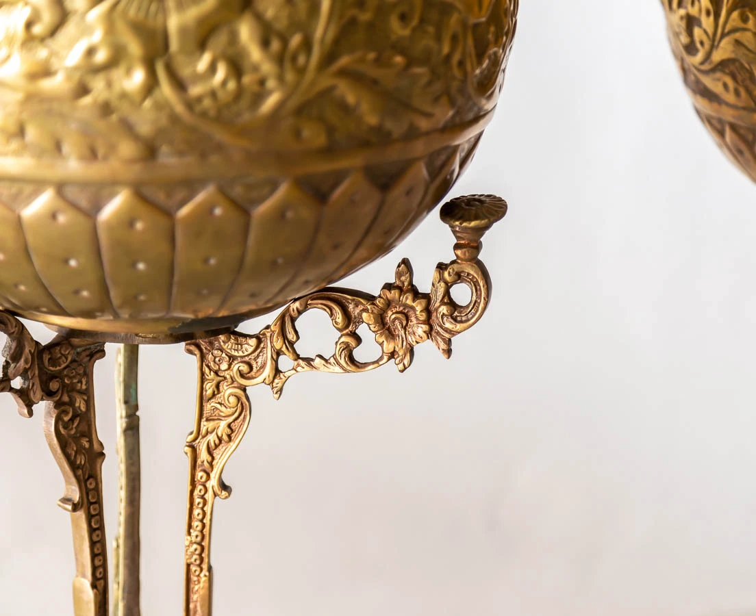 Pair of Embossed Brass Planters on stand - the Past Perfect Collection - Singapore