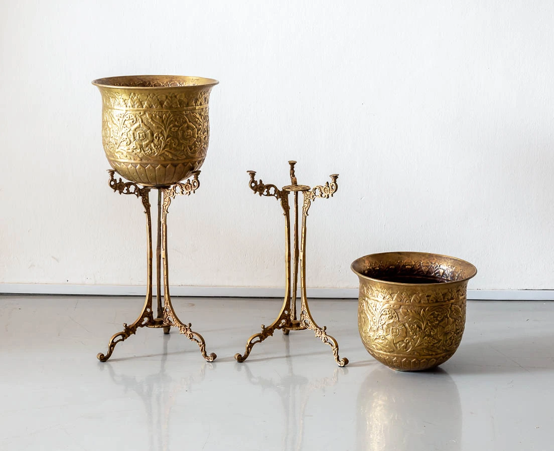 Pair of Embossed Brass Planters on stand - the Past Perfect Collection - Singapore