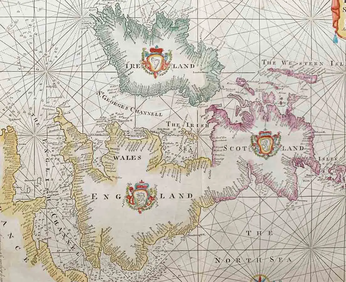Antique Map - Sea Chart of England, Scotland, Ireland 1750 - Mount & Page - The Past Perfect Collection - Singapore