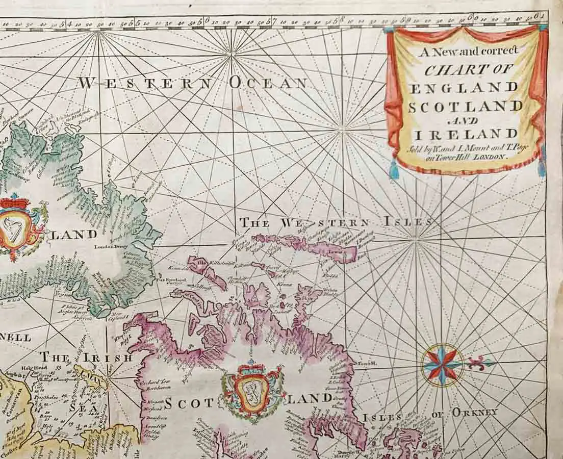 Antique Map - Sea Chart of England, Scotland, Ireland 1750 - Mount & Page - The Past Perfect Collection - Singapore