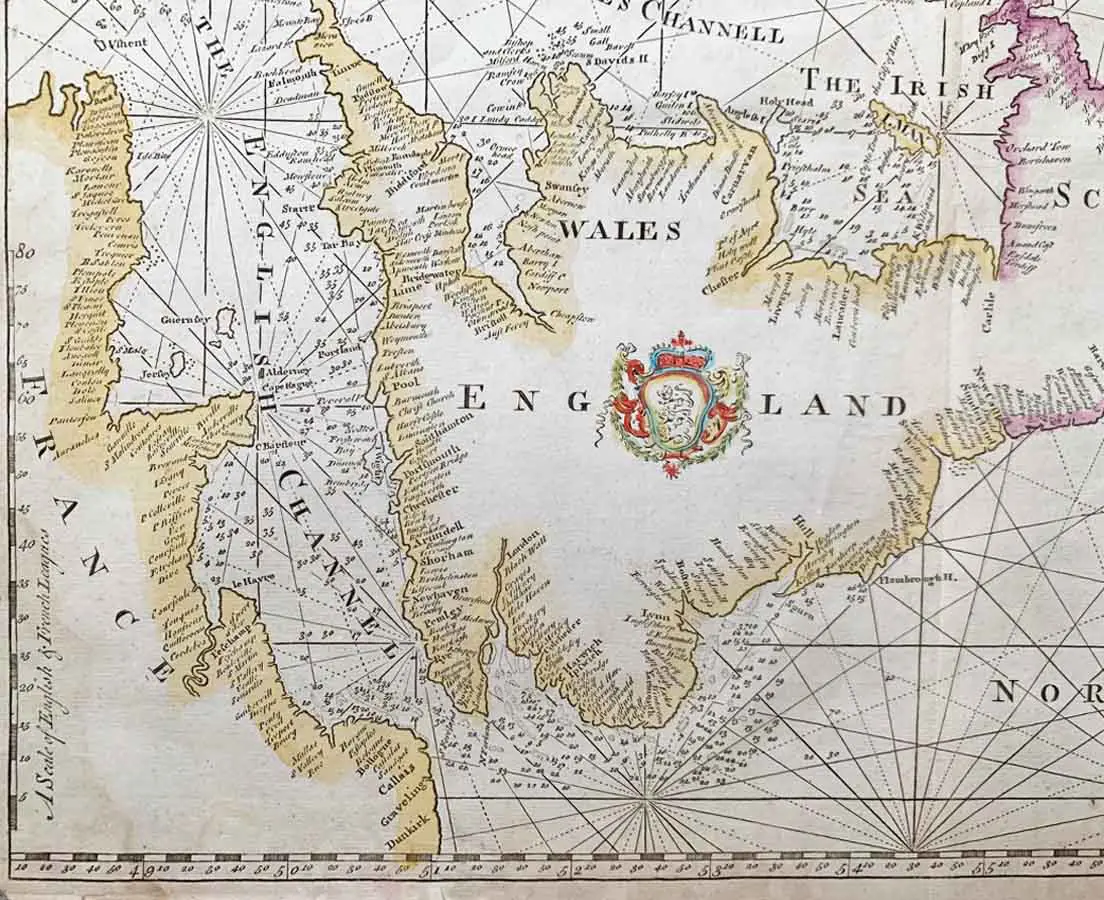 Antique Map - Sea Chart of England, Scotland, Ireland 1750 - Mount & Page - The Past Perfect Collection - Singapore