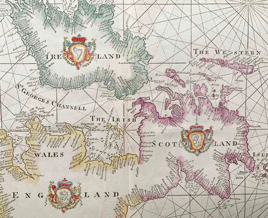 Antique Map - Sea Chart of England, Scotland, Ireland 1750 - Mount & Page - The Past Perfect Collection - Singapore