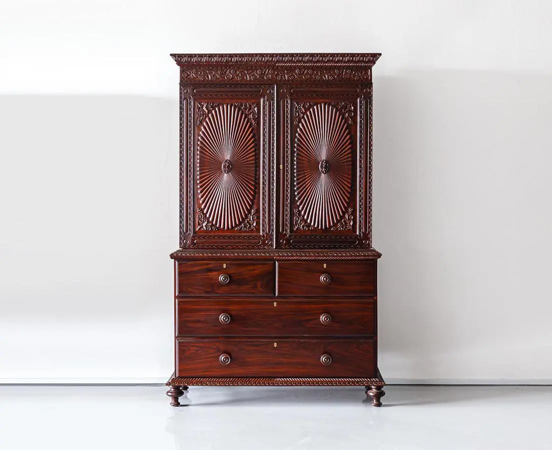 Antique British Colonial Rosewood Linen Press with Sunburst - The Past Perfect Collection - Singapore