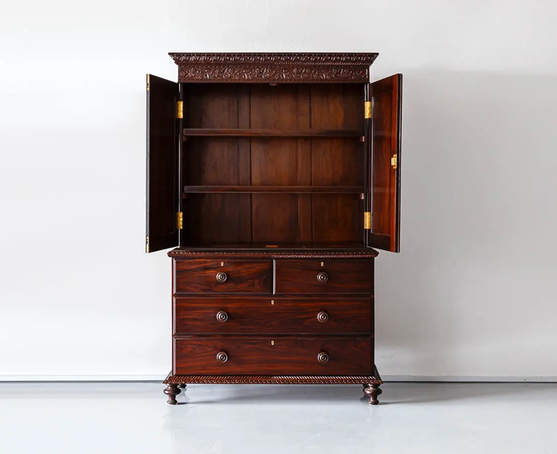 Antique British Colonial Rosewood Linen Press with Sunburst - The Past Perfect Collection - Singapore