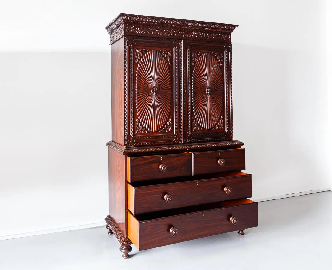 Antique British Colonial Rosewood Linen Press with Sunburst - The Past Perfect Collection - Singapore