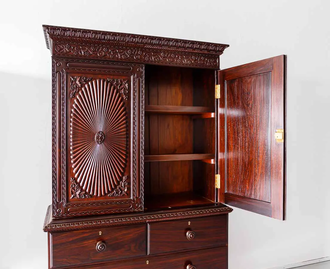 Antique British Colonial Rosewood Linen Press with Sunburst - The Past Perfect Collection - Singapore