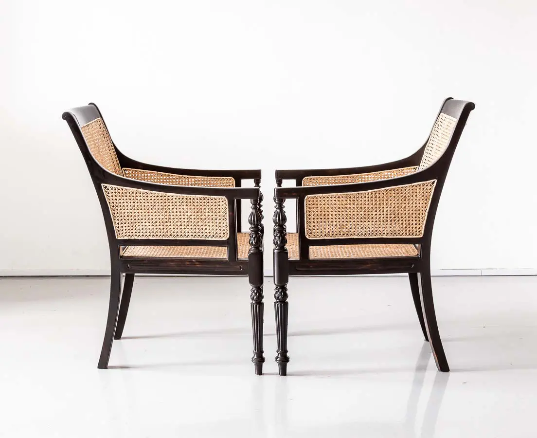 Antique Chairs - Pair of British Colonial Ebony Enclosed Armchairs - The Past Perfect Collection - Singapore