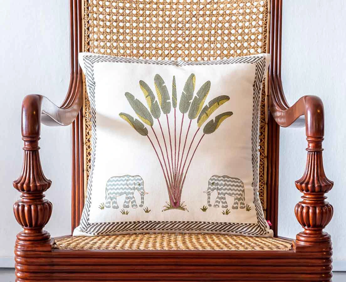 Periyar Elephant and Palm Cotton Cushion Good Earth l The Past Perfect Collection l Singapore