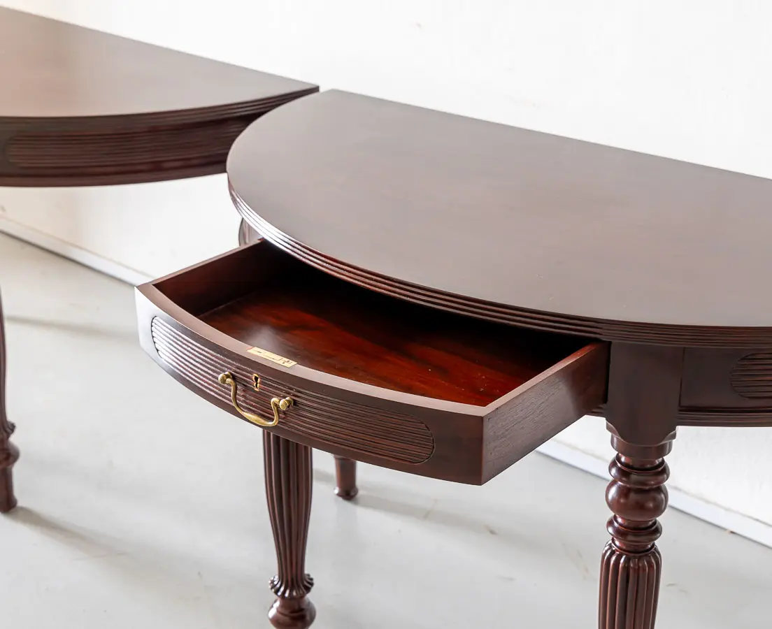 British Colonial Mahogany Half Moon Console Tables - The Past Perfect Collection - Singapore