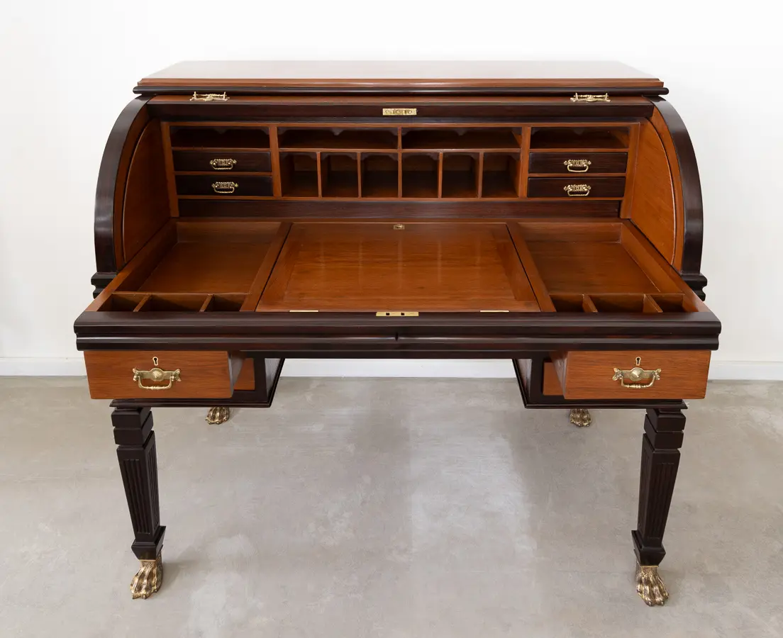 Teakwood and Rosewood Cylinder Desk