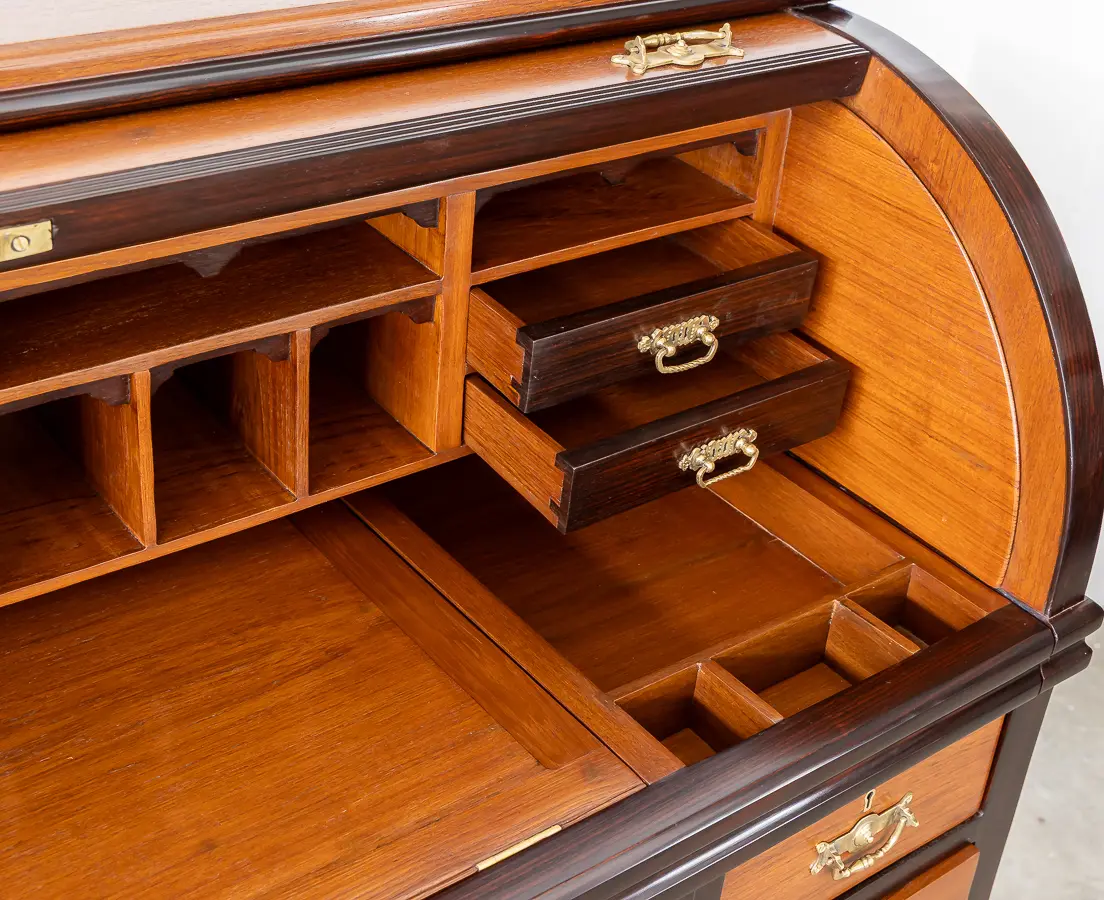 Teakwood and Rosewood Cylinder Desk