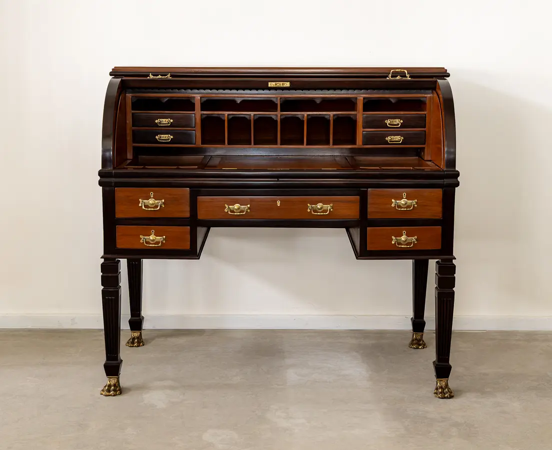Teakwood and Rosewood Cylinder Desk