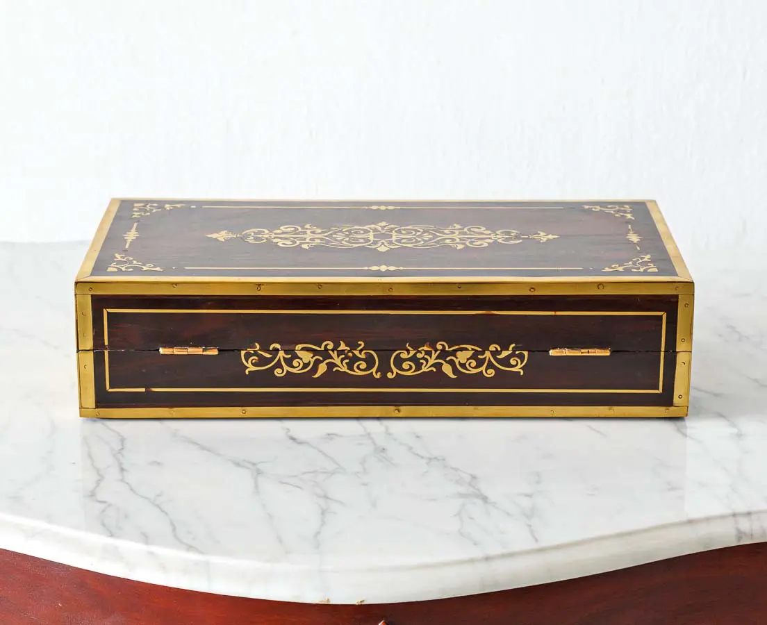 Antique Boxes - British Colonial Brass Inlaid Writing Box - The Past Perfect Collection - Singapore