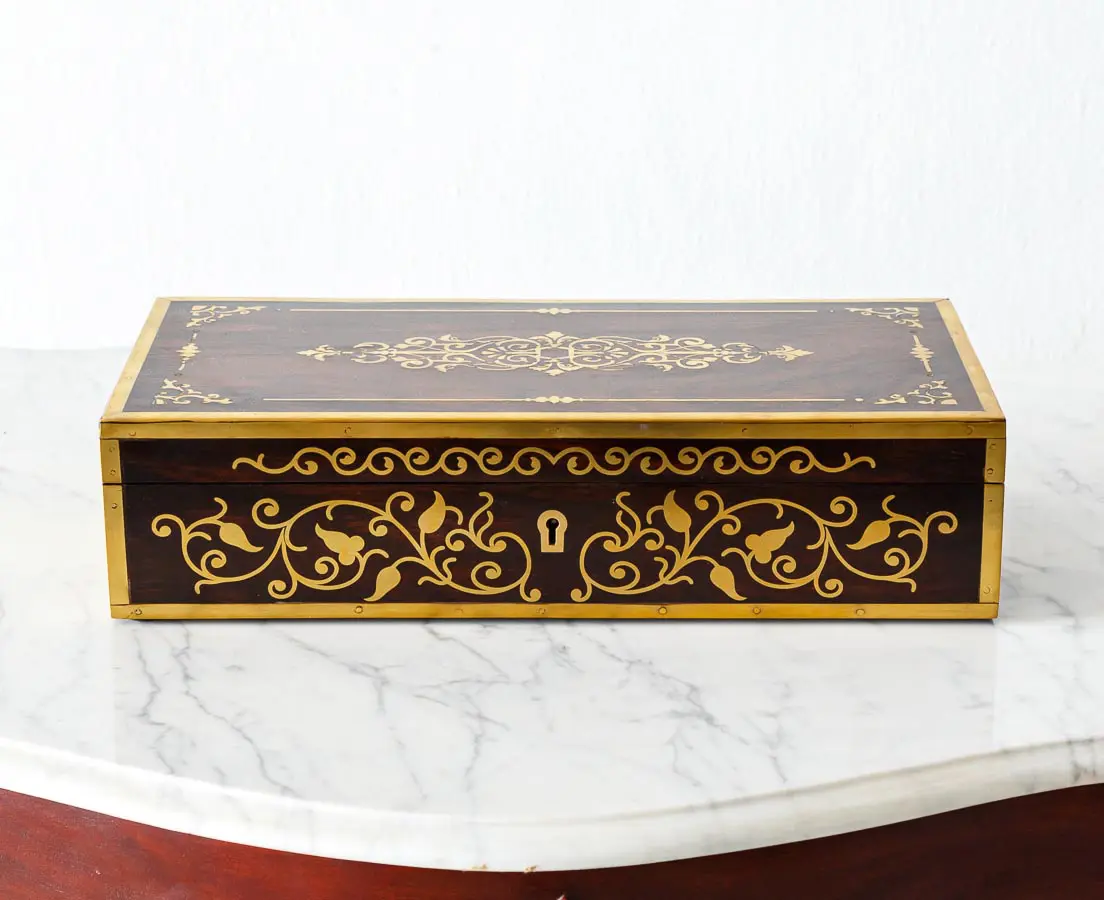Antique Boxes - British Colonial Brass Inlaid Writing Box - The Past Perfect Collection - Singapore