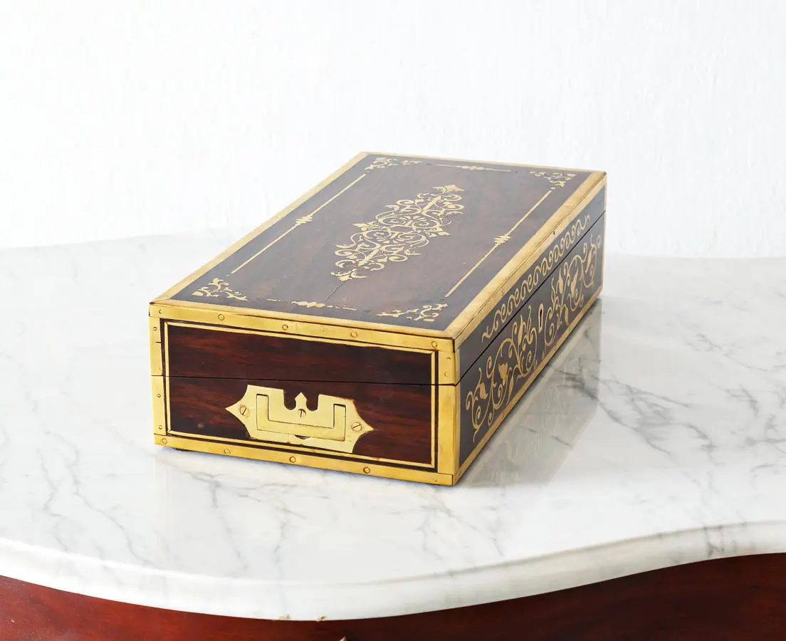 Antique Boxes - British Colonial Brass Inlaid Writing Box - The Past Perfect Collection - Singapore