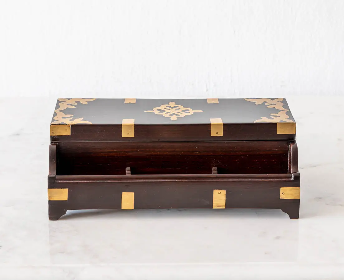 British Colonial Rosewood pen Box with Brass Inlay - The Past Perfect Collection - Singapore