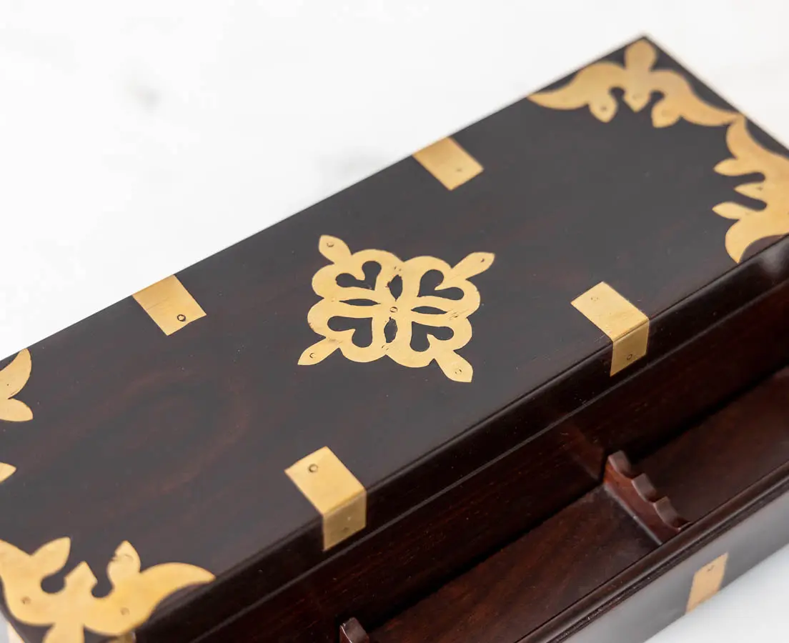 British Colonial Rosewood pen Box with Brass Inlay - The Past Perfect Collection - Singapore