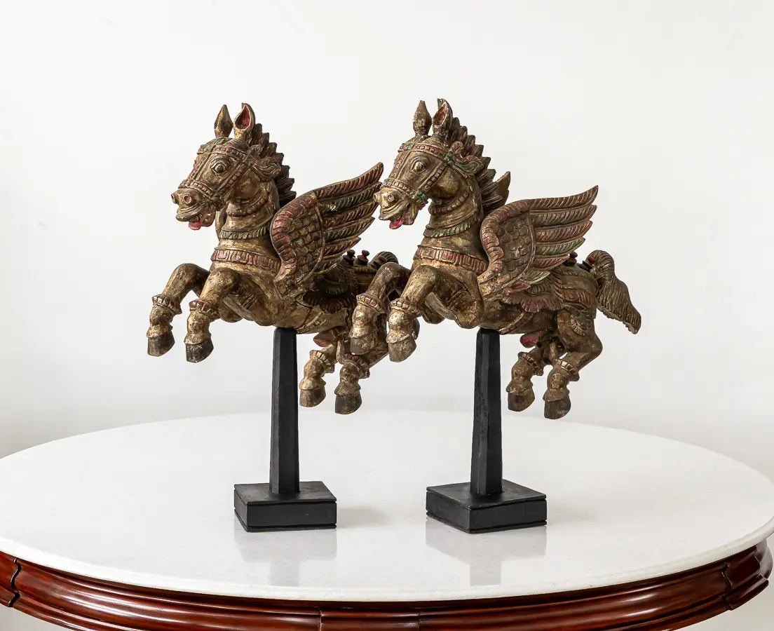 Vintage Teakwood Pair of Winged Horses