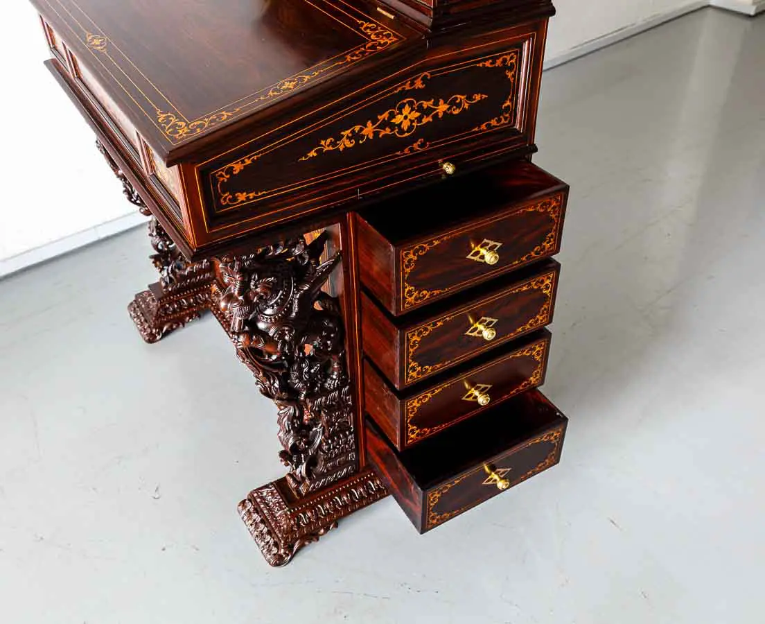 Antique British Colonial Inlaid and Carved Davenport Desk - The Past Perfect Collection - Singapore