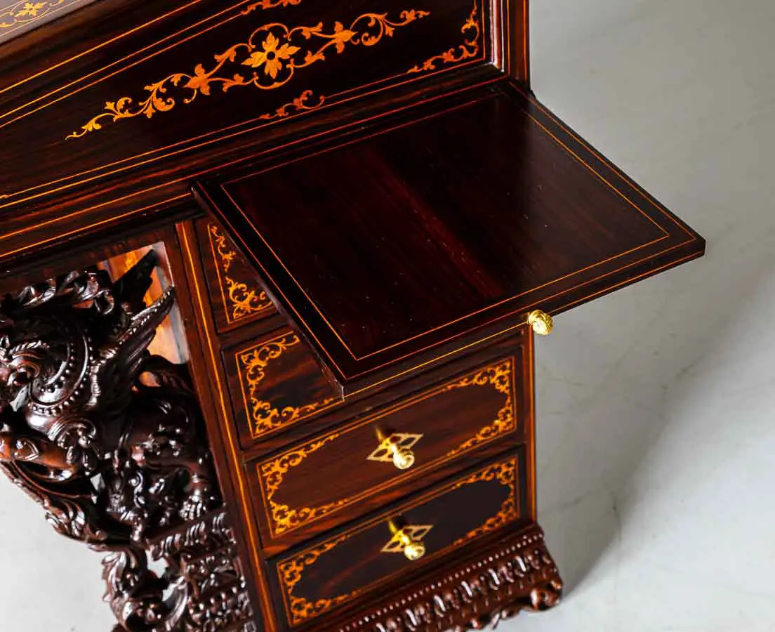 Antique British Colonial Inlaid and Carved Davenport Desk - The Past Perfect Collection - Singapore