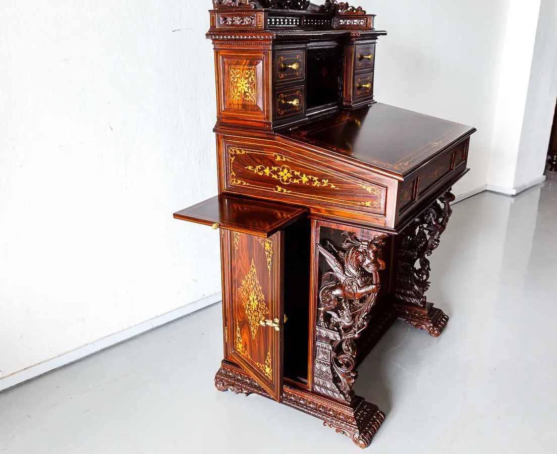 Antique British Colonial Inlaid and Carved Davenport Desk - The Past Perfect Collection - Singapore