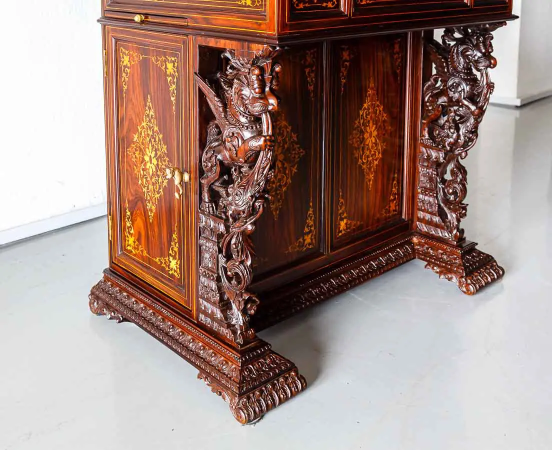 Antique British Colonial Inlaid and Carved Davenport Desk - The Past Perfect Collection - Singapore