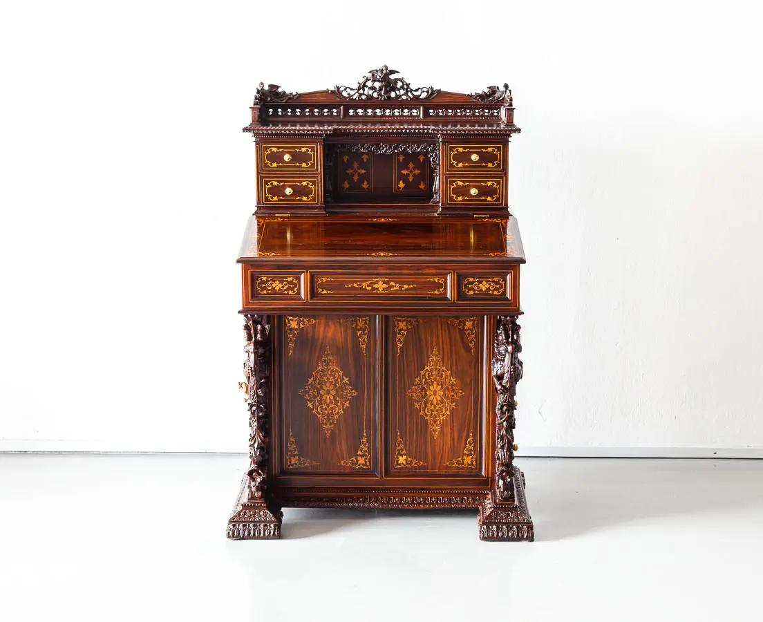 Antique British Colonial Inlaid and Carved Davenport Desk - The Past Perfect Collection - Singapore