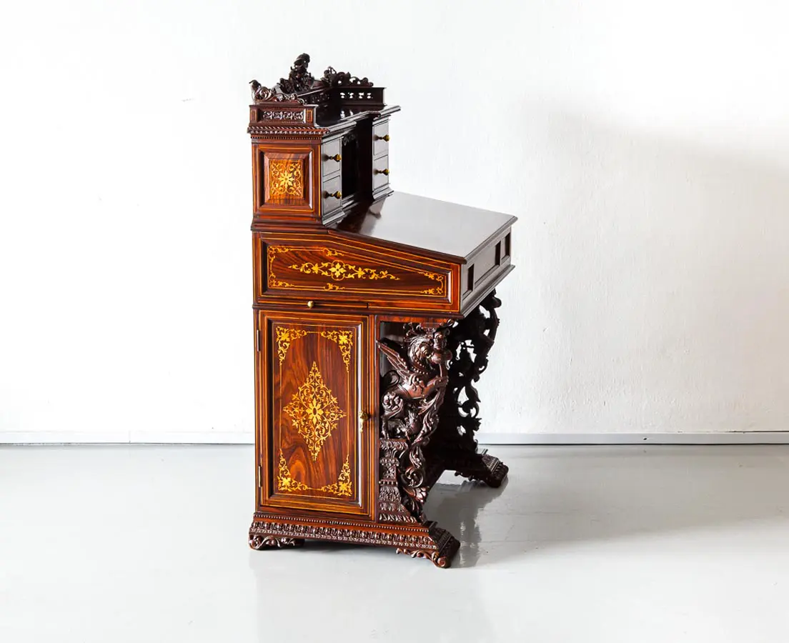 Antique British Colonial Inlaid and Carved Davenport Desk - The Past Perfect Collection - Singapore