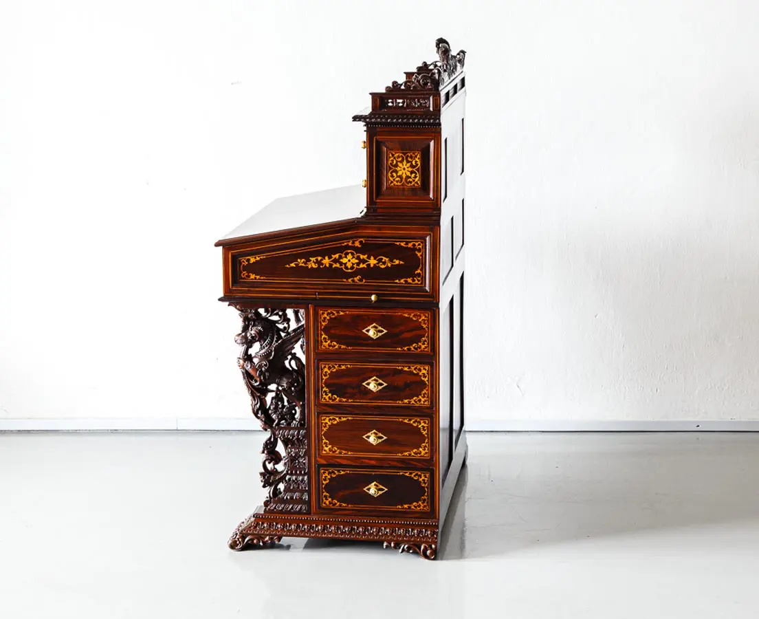 Antique British Colonial Inlaid and Carved Davenport Desk - The Past Perfect Collection - Singapore