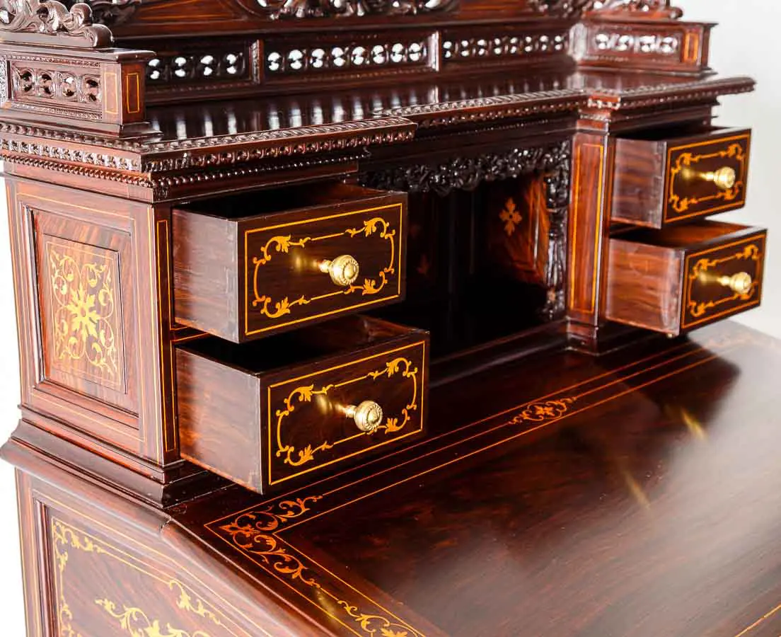 Antique British Colonial Inlaid and Carved Davenport Desk - The Past Perfect Collection - Singapore