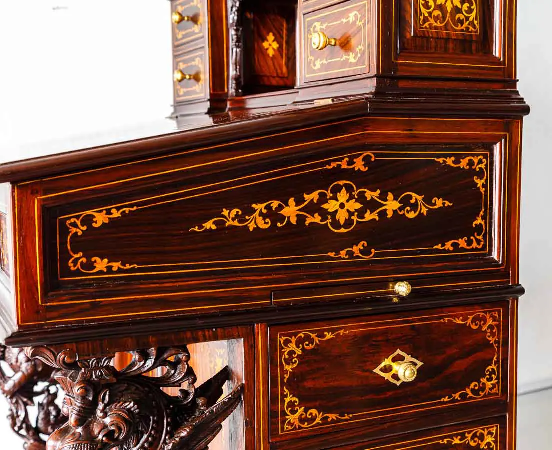 Antique British Colonial Inlaid and Carved Davenport Desk - The Past Perfect Collection - Singapore