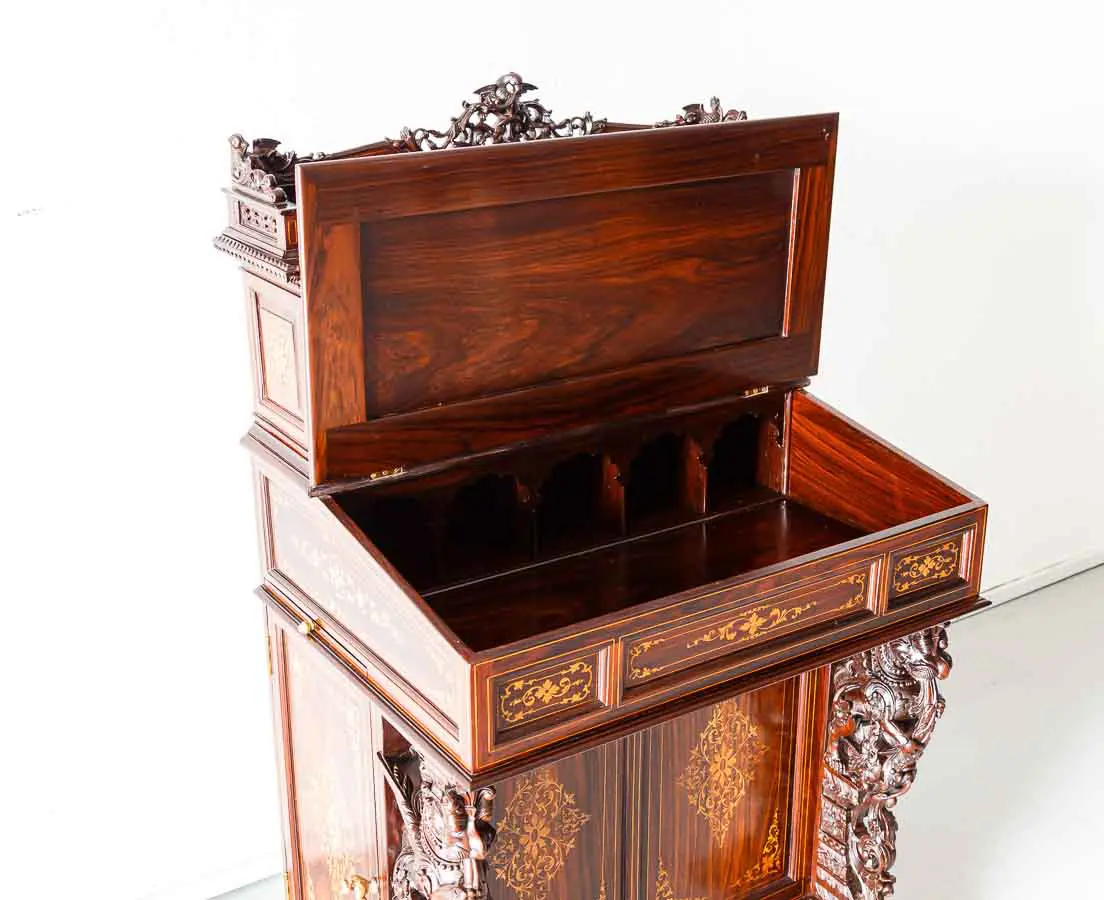 Antique British Colonial Inlaid and Carved Davenport Desk - The Past Perfect Collection - Singapore