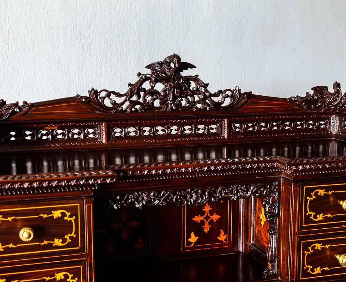 Antique British Colonial Inlaid and Carved Davenport Desk - The Past Perfect Collection - Singapore