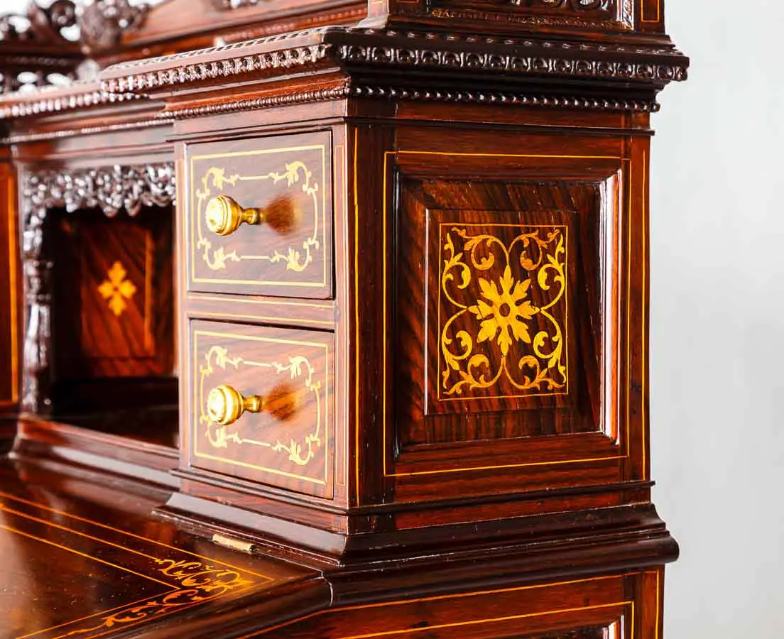 Antique British Colonial Inlaid and Carved Davenport Desk - The Past Perfect Collection - Singapore