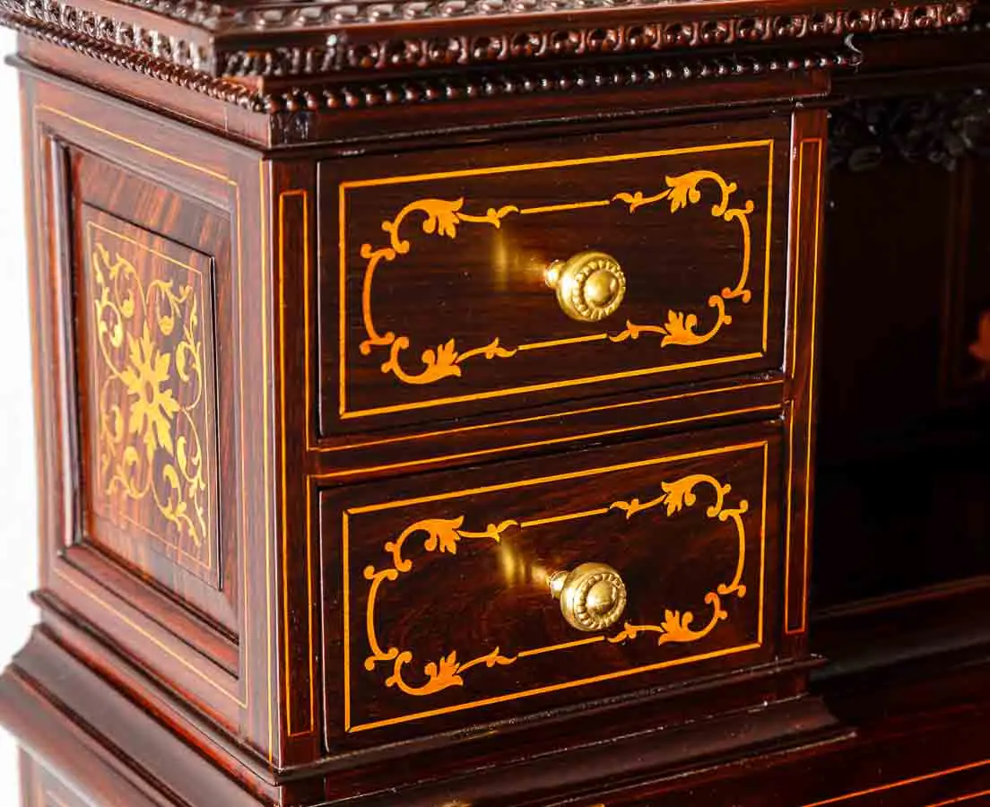 Antique British Colonial Inlaid and Carved Davenport Desk - The Past Perfect Collection - Singapore