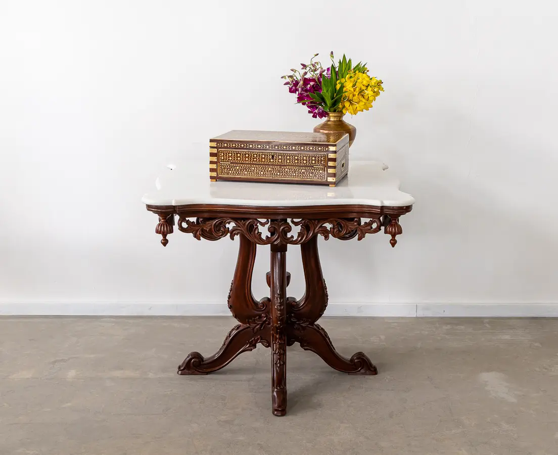 Mahogany Serpentine Edge Marble Table