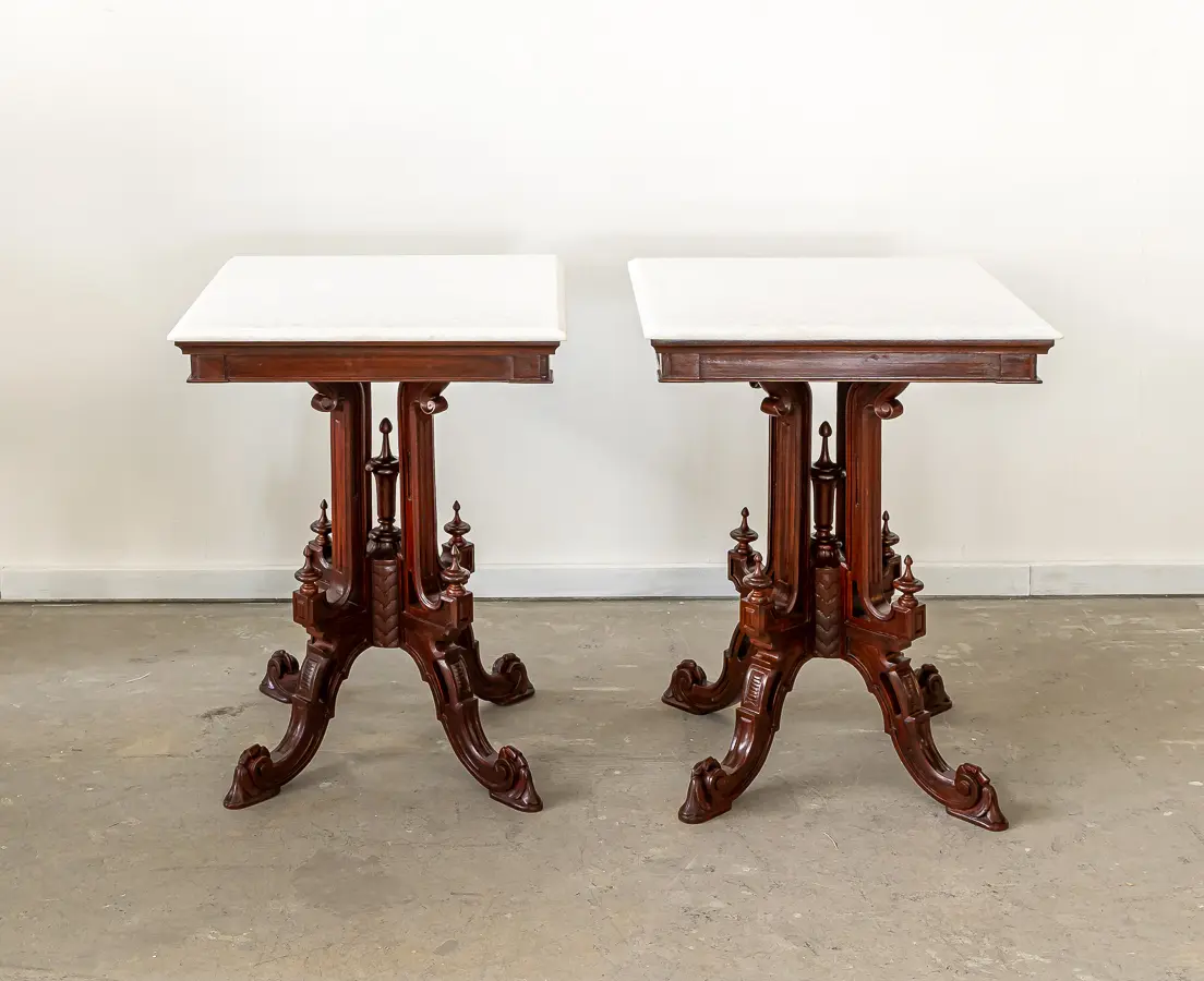 Mahogany Pair of Square Colonial Marble Tables