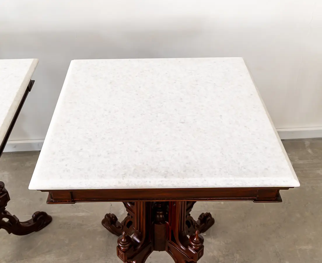Mahogany Pair of Square Colonial Marble Tables