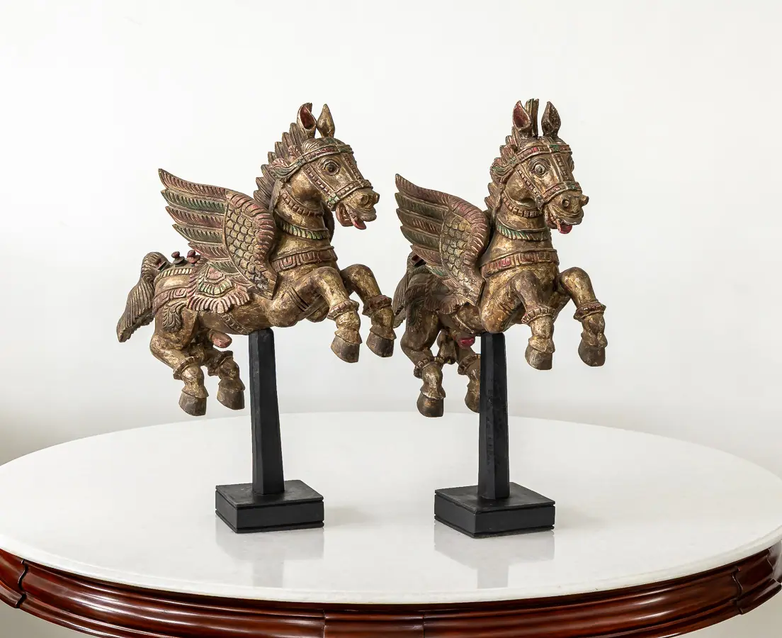Vintage Teakwood Pair of Winged Horses