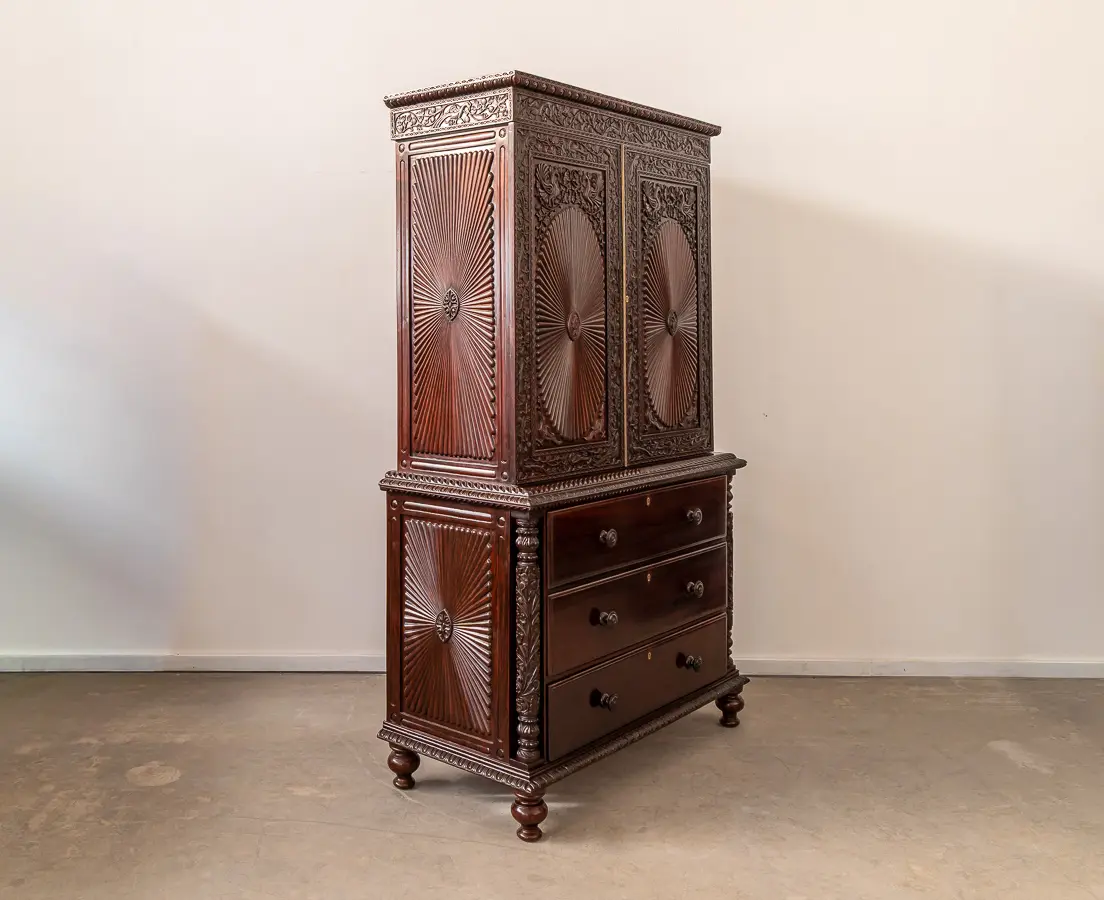 Rosewood Carved Sunburst Cupboard with Drawers